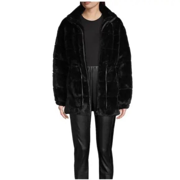 Elie Tahari Faux Fur Coat Womens Medium Black Cinch Waist Long Sleeve Jacket - Picture 4 of 15